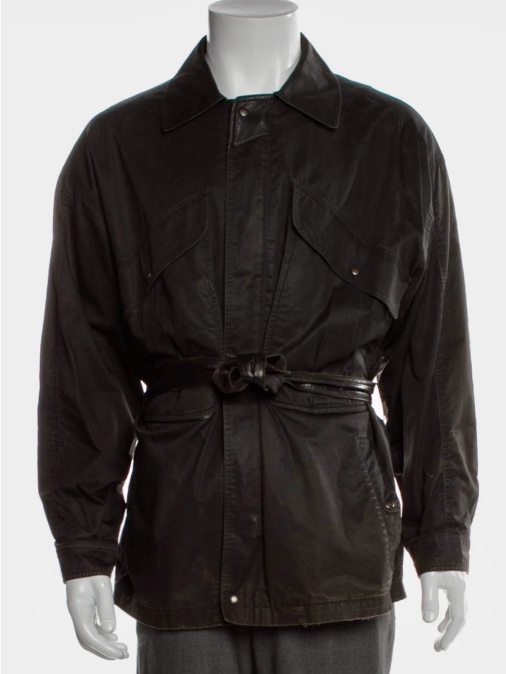 Gucci Black Military Field Jacket with leather trim and self-tie waist.